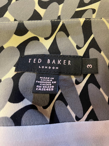 TED BAKER GREY, IVORY & BLACK PRINT 100% SILK STRAPPY DRESS SIZE 3 UK 12