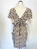 WHISTLES IVORY,CORAL & BLUE FLORAL PRINT CAP SLEEVE SILK DRESS SIZE 10