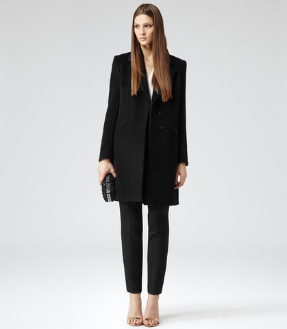 REISS BERLICK BLACK WOOL MID LENGTH PEA COAT SIZE S