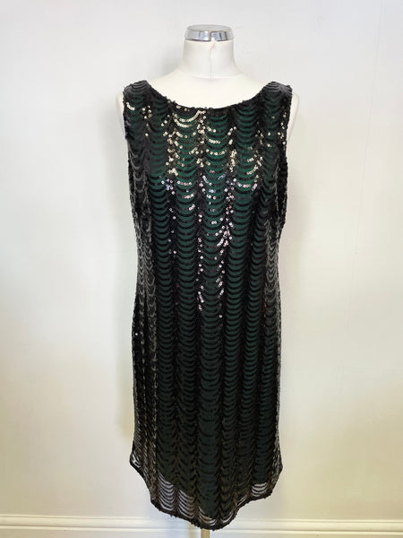 M&CO BLACK SEQUINNED GREEN LINED SLEEVELESS SHIFT DRESS SIZE 14