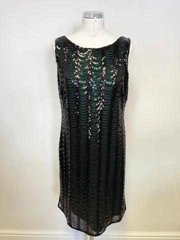 M&CO BLACK SEQUINNED GREEN LINED SLEEVELESS SHIFT DRESS SIZE 14