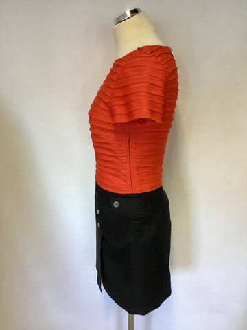 KAREN MILLEN ORANGE PLEATED TOP WITH BLACK SKIRT DRESS SIZE 10