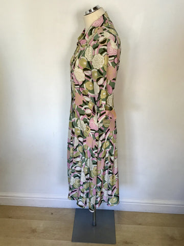 LAURA ASHLEY PINK,WHITE & BROWN FLORAL SILK DRESS SIZE 14