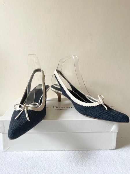LK BENNETT NAVY BLUE TEXTILE & IVORY LEATHER TRIM SLINGBACK HEELS SIZE 6.5/39.5