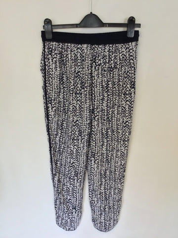 WHISTLES NAVY BLUE & WHITE PRINT ELASTICATED DRAWSTRING TIE TROUSERS SIZE 8
