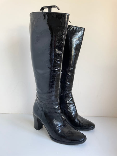 HOBBS BLACK PATENT LEATHER HEELED KNEE LENGTH BOOTS SIZE 5/38
