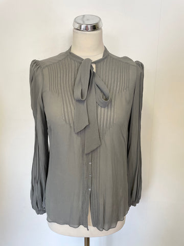 WHISTLES GREY SILK TIE NECK LONG SLEEVE BLOUSE SIZE 12