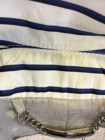 KAREN MILLEN WHITE WITH BLUE & BLACK STRIPE COTTON BLEND JACKET SIZE 8