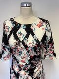 LK BENNETT CRYSTAL BLACK & MULTI COLOURED FLORAL PRINT PENCIL DRESS SIZE 12
