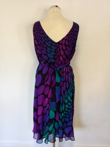 HOBBS PURPLES,PINK & GREENS SPOTTED SILK DRESS SIZE 16