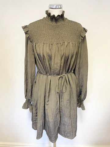 BRAND NEW FRENCH CONNECTION DEEP MOSS CRINKLE LONG SLEEVE BELTED SMOCK DRESS  SIZE M
