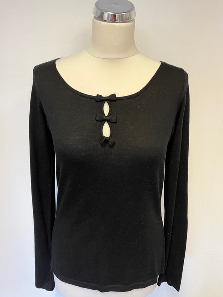 LK BENNETT BLACK SILK,COTTON & CASHMERE BOW TRIM FINE KNIT JUMPER SIZE M