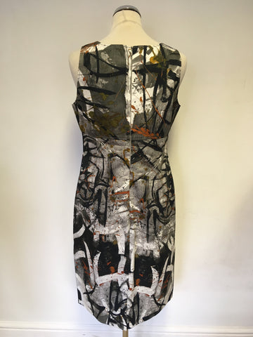 BRAND NEW TUZZI DARK GREY,BLACK,ORANGE & WHITE PRINT SHIFT DRESS SIZE 14