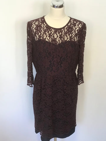 WHISTLES NAVY BLUE & BURGUNDY LACE OVERLAY DRESS SIZE 14