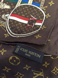 LOUIS VUITTON BROWN MONOGRAM TRUNK PRINT SILK SCARF IN BOX