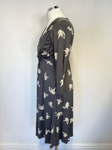 PHASE EIGHT GREY BIRD PRINT 3/4 SLEEVE JERSEY FIT & FLARE DRESS SIZE 10