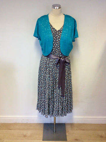 JACQUES VERT TURQOUISE & GREY PRINT OCCASION DRESS & BOLERO CARDIGAN SIZE 16