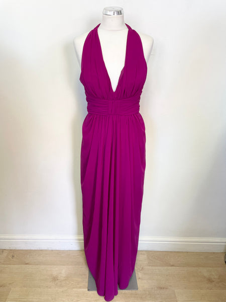 LINEA DEEP PINK CHIFFON HALTERNECK LONG OCCASION/ EVENING DRESS SIZE 10 BUT FIT UK 8