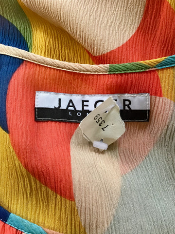 JAEGER MULTI COLOURED SPOTTED SILK COLD SHOULDER TIE BELT DRESS SIZE 14