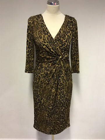 TINA B. NEW YORK BROWN LEOPARD PRINT 3/4 SLEEVE WRAP STYLE DRESS SIZE S UK 10/12