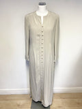 FRANK USHER BEIGE LONG DUSTER COAT, SLEEVELESS TOP & TROUSER SUIT SIZE 14