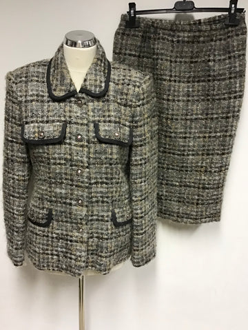 JAEGER GREY & BROWNS TWEED WOOL BLEND SKIRT SUIT SIZE 10