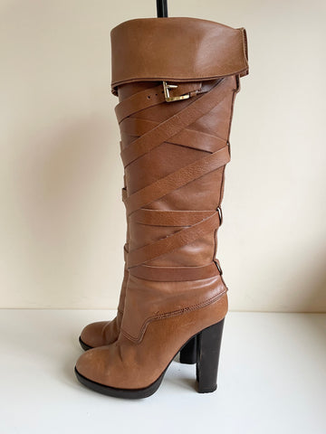 MICHAEL KORS TAN LEATHER WRAP AROUND STRAP KNEE LENGTH HEELED BOOTS SIZE 5.5/38.5