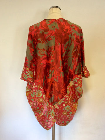 THE REMEDI RED,GREEN & PINK SHADES FLORAL PRINT SILK TUNIC TOP ONE SIZE