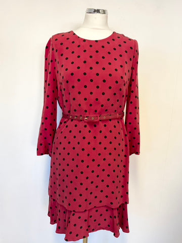 WHISTLES DARK RED & BLACK SPOT SILK 3/4 SLEEVE BELTED TIERED HEM DRESS SIZE 12