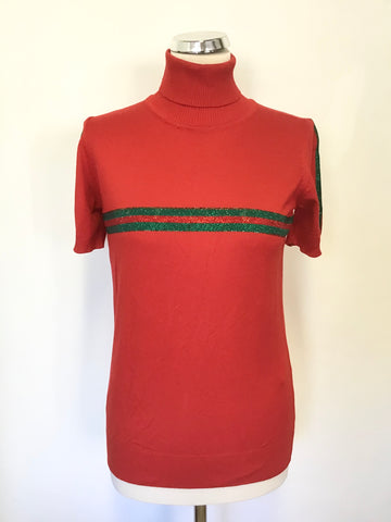 KAZEE GOLD LABEL RED & GREEN BEADED STRIPE SHORT SLEEVE POLO NECK JUMPER SIZE M