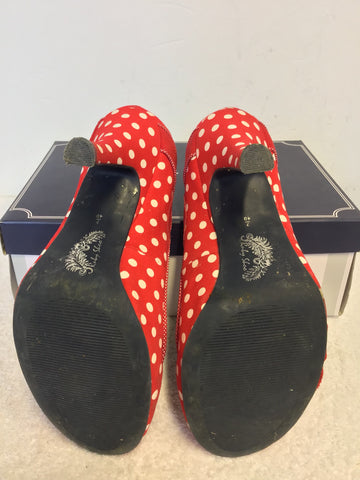 RUBY SHOO RED & WHITE SPOT HEELS WITH FLOWER TRIM SIZE 7/40