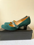 BRAND NEW JONES BOOTMAKER TEAL/ GREEN SUEDE MARY JANE KITTEN HEELS SIZE 7.5/41