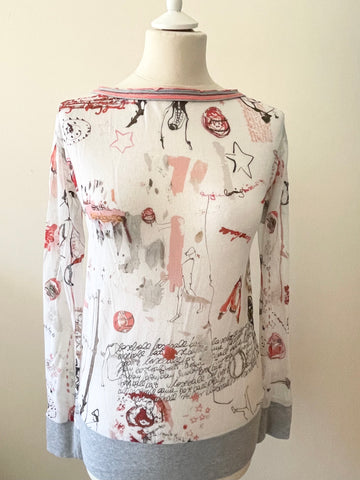 MARCCAIN GREY,WHITE & CORAL PRINT SEMI SHEER CROSS OVER BACK LONG SLEEVE TOP SIZE S