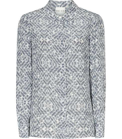 REISS JEAN CUBE PRINT GREY SILK SHIRT SIZE 10