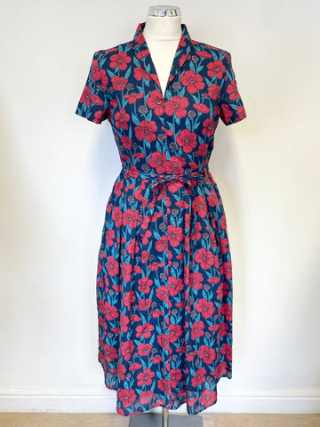 BRAND NEW SEASALT CORNWALL NAVY, TURQUOISE & RED FLORAL PRINT SHORT SLEEVE COTTON DRESS SIZE 10