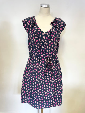 HOBBS NW3 BLUE & PINK SPOT SILK FRILL NECKLINE CAP SLEEVE TIE BELT DRESS SIZE 12