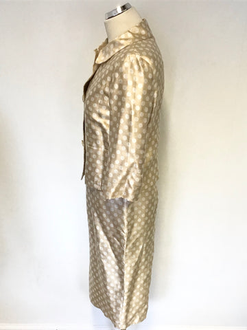 LK BENNETT GOLD & WHITE SPOT SILK BLEND SPECIAL OCCASION PENCIL DRESS & JACKET SIZE 10
