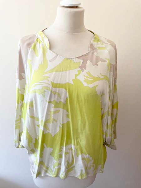 MARCCAIN WHITE,BEIGE & LIME GREEN PRINT SILK FLOATY SLEEVE TOP SIZE 3 UK 12/14
