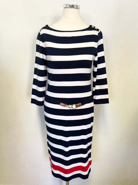 RALPH LAUREN NAVY,WHITE & RED STRIPE 3/4 SLEEVE BELTED COTTON DRESS SIZE S
