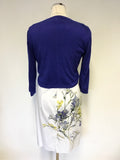 HOBBS INVITATION WHITE FLORAL PRINT PENCIL DRESS & BLUE BOLERO CARDIGAN SIZE 10