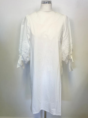 SWEEWE PARIS WHITE COTTON LOOSE FIT DRESS WITH LACE TRIM TIE HALF SLEEVES SIZE S