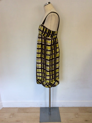 JIGSAW BROWN & LIME PRINT SILK STRAPPY DRESS SIZE 10