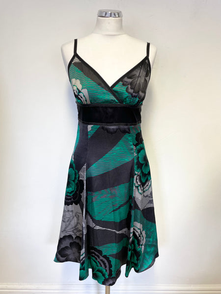 TED BAKER BLACK,GREY & GREEN PRINT SILK STRAPPY SPECIAL OCCASION DRESS SIZE 2 UK 10