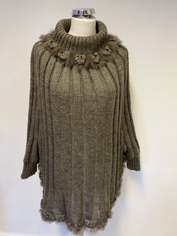 M.R COLLECTION BROWN RIBBED RABBIT FUR TRIM PONCHO / JUMPER ONE SIZE