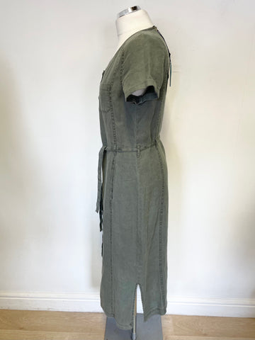 BRAND NEW SEASALT SANDING CONIFER GREEN SHORT SLEEVE LINEN TIE BELT DRESS SIZE 8/10