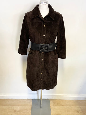 LAURA ASHLEY BROWN SUEDE 3/4 SLEEVE POPPER FASTEN DRESS SIZE 14