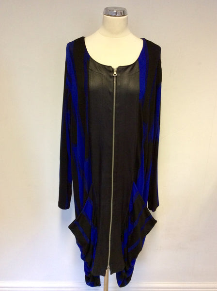 OPHILIA BLACK & BLUE PRINT FAUX LEATHER TIM ZIP FRONT DRESS SIZE 4 UK 20/22