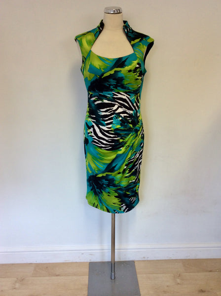 FRANK LYMAN TURQOUISE & GREEN TROPICAL PRINT PENCIL DRESS SIZE 12