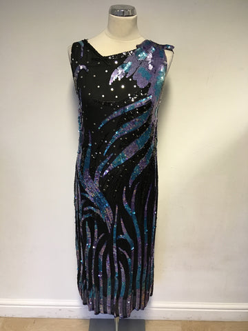 SERENADE BLACK SILK WITH PURPLE & GREEN SEQUINS COCKTAIL DRESS SIZE M