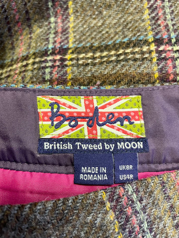 BODEN BROWN CHECK BRITISH TWEED BY MOON WOOL CHECK KILT SKIRT SIZE 8R